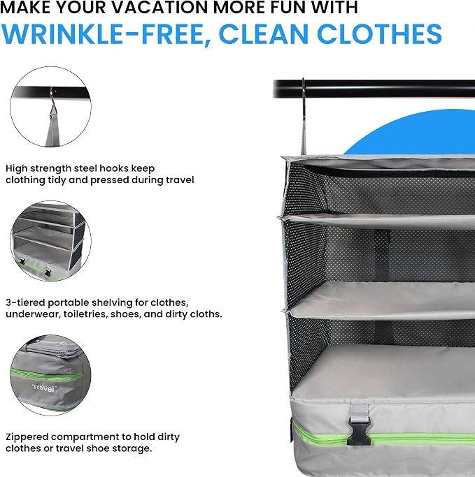 Stow-N-Go Hanging Travel Shelves, Packing Organizer for Luggage. Carry on Closet for Suitcase. Expandable Packing Cube. Travel Essentials. (Light Gray - XL, XL = (L) 17.7" x (W) 11.8")