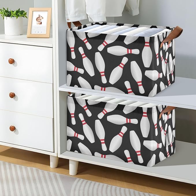 Black Background Bowling Storage Basket Foldable Cube Storage Bins with Handles&Label Waterproof Collapsible Organizer Box Bin Large Rectangle Decorative Baskets for Shelves Home Room Laundry