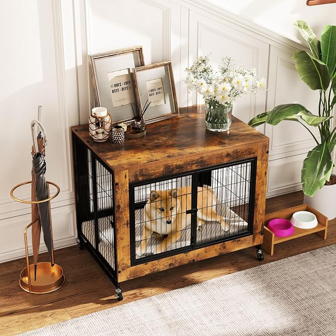 PETSITE Portable Dog Crate Furniture, 38 Inch Wooden Dog Kennel Side Table with Flip-up Top, 3 Lockable Doors and Removable Tray, Ideal for Small to Medium Dogs (Rustic Brown)