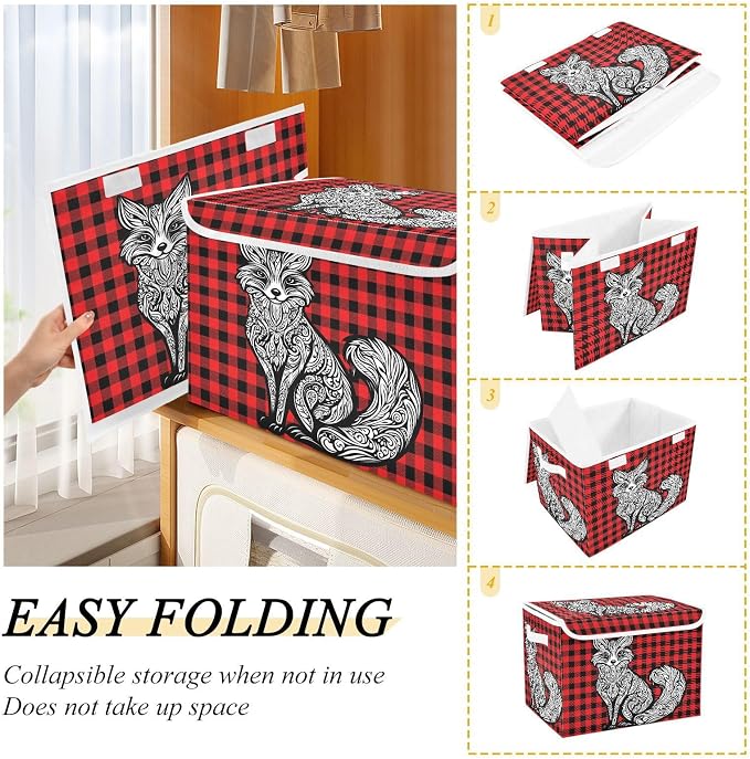 Fabric Storage Bins with Lid Mandala Fox Foldable Storage Boxes 40L Baskets | Foldable & Stackable, Flip Top Dust Guard, Reinforced Handles, Home & Bedroom, Clothes & Toys, Mandala Fox Basket
