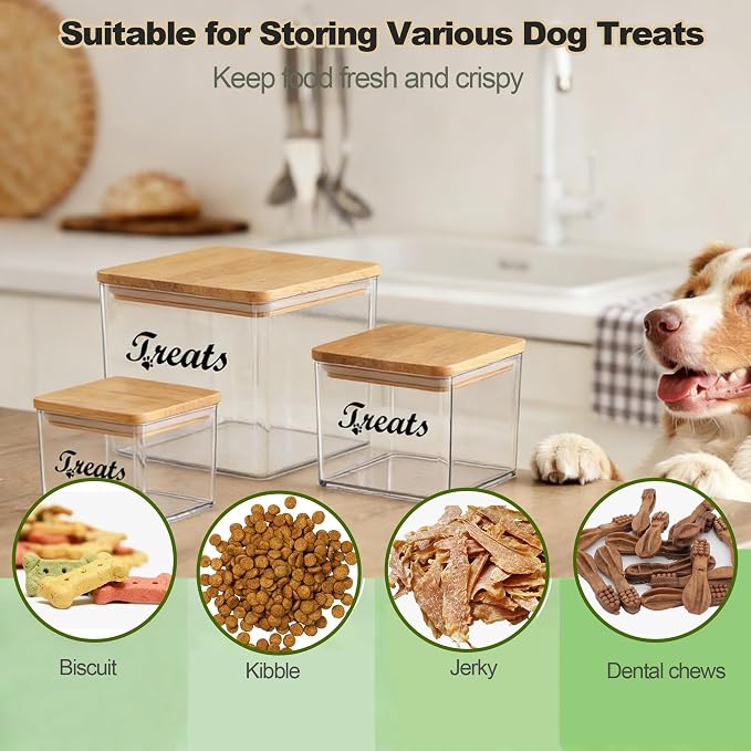 3-Piece Dog Treat Container Airtight, Square Dog Food Container With Bamboo Lid,Clear Pet Treat Bins for Kitchen Counter and Pantry,Ideal for Pet Owner