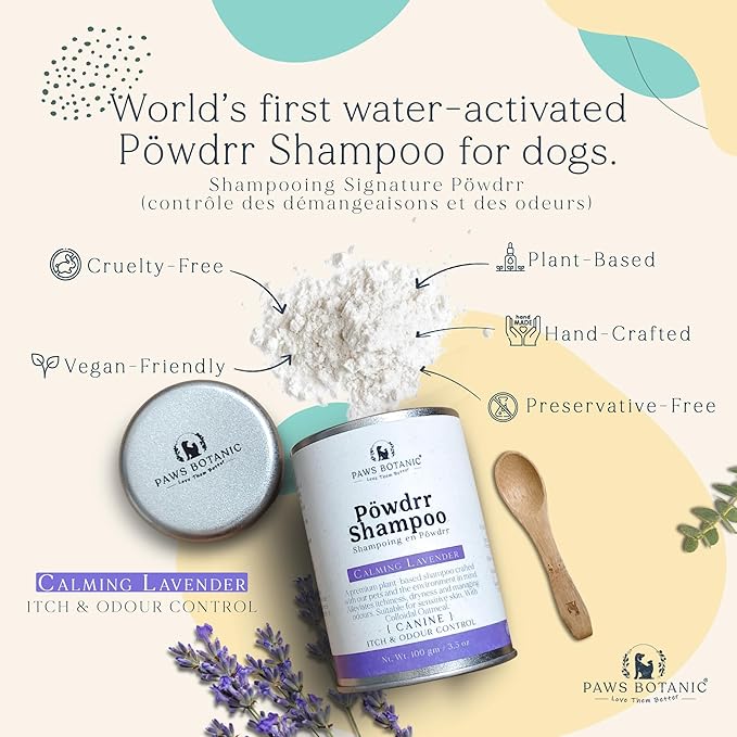 Water-Activated Powder Shampoo for Dogs, Calming Lavender, 3.5 oz with Bamboo Spoon (Itch & Odour Control)