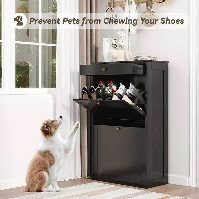 Shoe Storage Cabinet with 2 Flip Drawers, Shoe Cabinet Organizer, Black | Freestanding Hidden Shoe Rack Cabinet with Door, Pet-Proof Shoe Cabinet Storage for Entryway Living Room Behind The Door