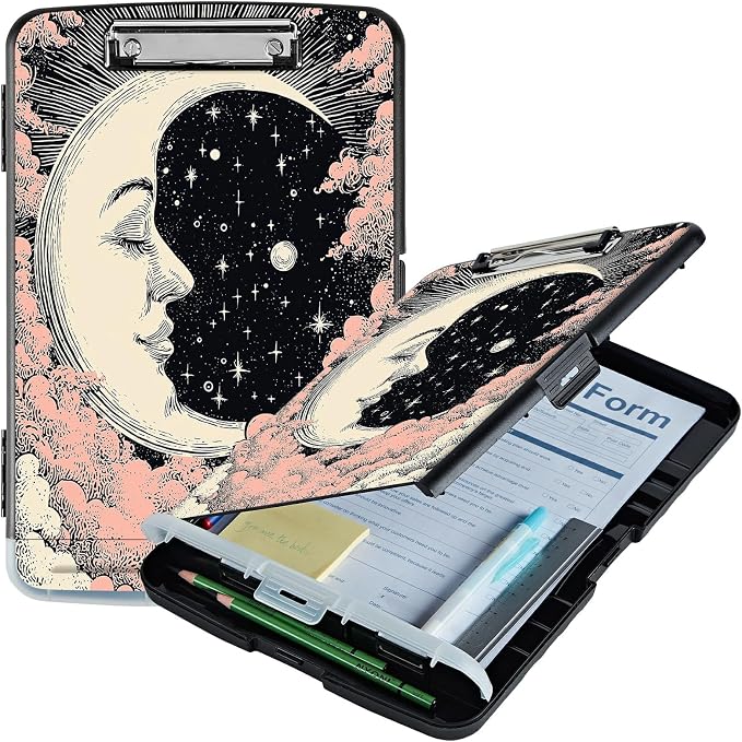 A4 Clipboard with Storage Pen Holder, Clipboards Organizer Nursing Clipboard Foldable File Folder Plastic Clipboard Folio Clip Board for Office Work Classroom Doctor, Pink Tree Moon