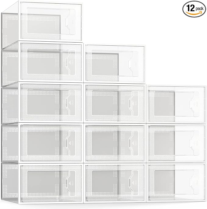 12 Pack Shoe Storage Box, Clear Plastic Stackable Shoe Organizer for Closet, Space Saving Foldable Shoe Rack Sneaker Container Bin Holder