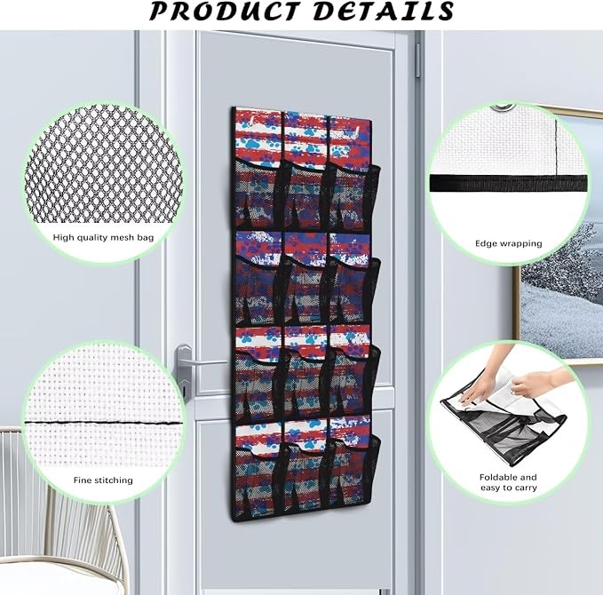 Striped Dog Paws Over the Door Shoe Organizer,Hanging Storage Bags with 12 Mesh Large Pockets,Hanging Shoe Storage Hanging Bag