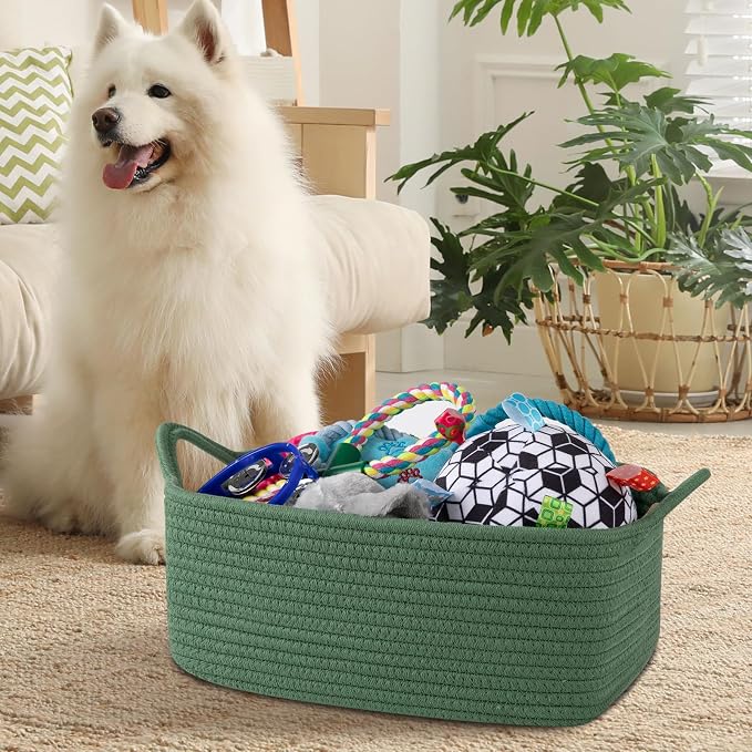 OIAHOMY Woven Basket, Gift Basket Empty with Gift Bags and Ribbons, Rope Baskets for Baby Showers, Storage Baskets with Handles for Nursery, Pet Toy Organizer - Olive Green