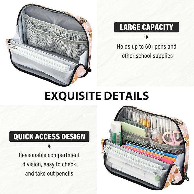 Aslsiy Large Capacity Pencil Case Cute Pets Pug Dogs Pencil Pouch for Boys Girls Portable Pen Bag Organizer Standing Makeup Bag for School Office Supplies