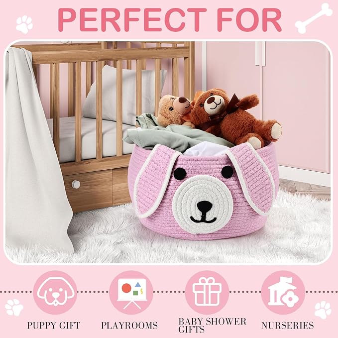 Zopeal Woven Dog Basket with Handle Toy Storage, Pink, 13 x 8 Inch | Pet Gift Basket, Toys Storage Organizer, Cotton Rope Rectangular Bin, Keeps Puppy Items Organized, Sturdy Handles