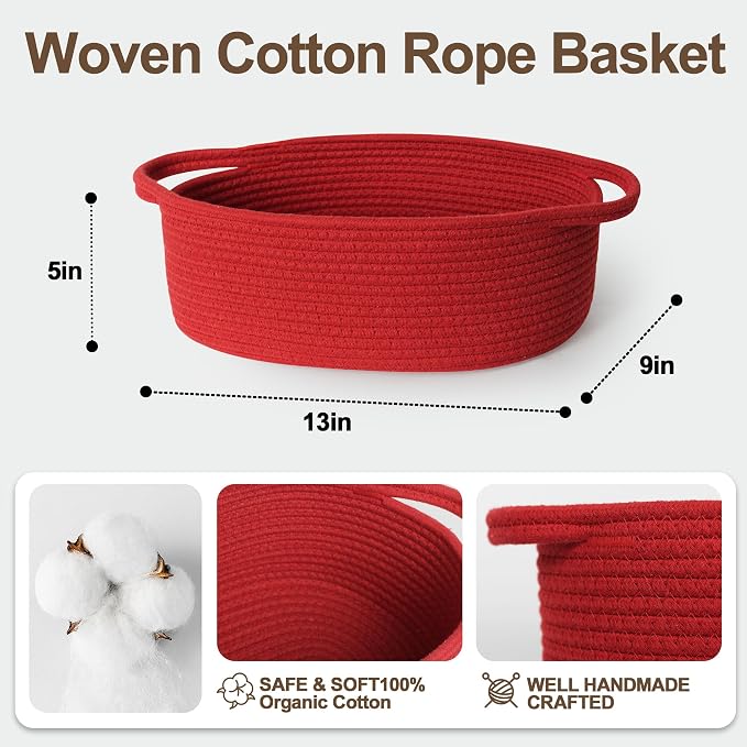 Small Baskets for Gifts Empty, 13"x 9"x 5" Woven Gift Basket with Bag and Ribbon, Cotton Rope Kids Dog Cat Toy Bin Box, Cute Baby Nursery Organizer, Decorative Storage with Handles, Red