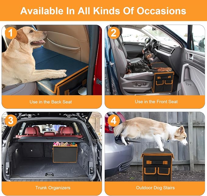 Back Seat Extender for Dogs up to 200lbs, Backseat Extender with Storage Pockets, Collapsible Dog Car Front Seat Extender for Travel