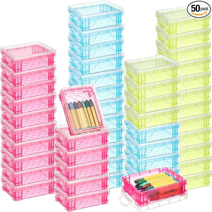 Suzile 50 Pcs Plastic Crayon Box with Lid 4.8 x 3.4 x 1.6, Red, Green, Blue | Small Crayon Storage Containers Bulk, for Office School Classroom, Art Crafts Pen Pencil Organizers, Back to School Supplies