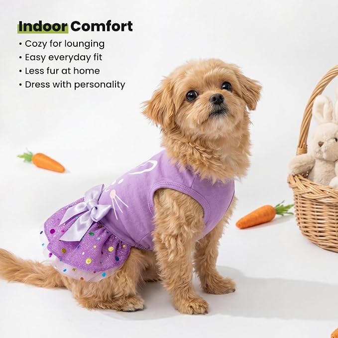 Fitwarm Easter Bunny Dog Dress, Holiday Dog Clothes for Small Dogs Girl, Pet Easter Outfit, Purple, White, XS
