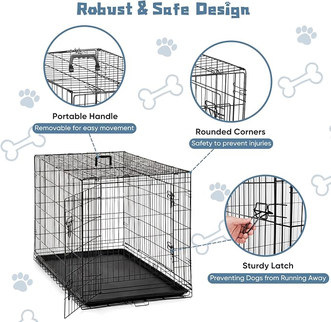 DUMOS 48 Inch Dog Crate, Foldable Medium Large Dog Cage Pet Kennel | Double Door Metal Wire, Plastic Leak-Proof Pan Tray, Portable Indoor Outdoor Training Travel