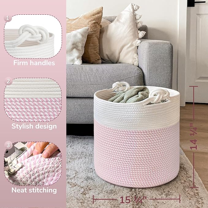 Goodpick Woven Rope Blanket Basket Living Room, 40L, Pink | Small Laundry Basket for Organizing Baby Clothes, Blankets & Pillows, Great for Bedroom Nursery Home Décor, Pink