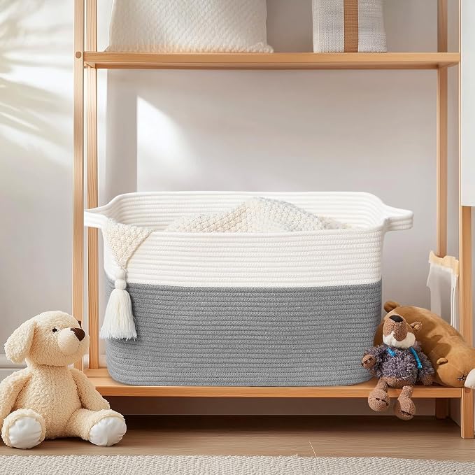 Large Blanket Basket, 60L Storage Baskets for Organizing, Woven Laundry Basket for Blankets, Cotton rope Blanket Storage for Living Room, Nursery Room, 19.7" L x 15.74" W x 11.8" H, Gray