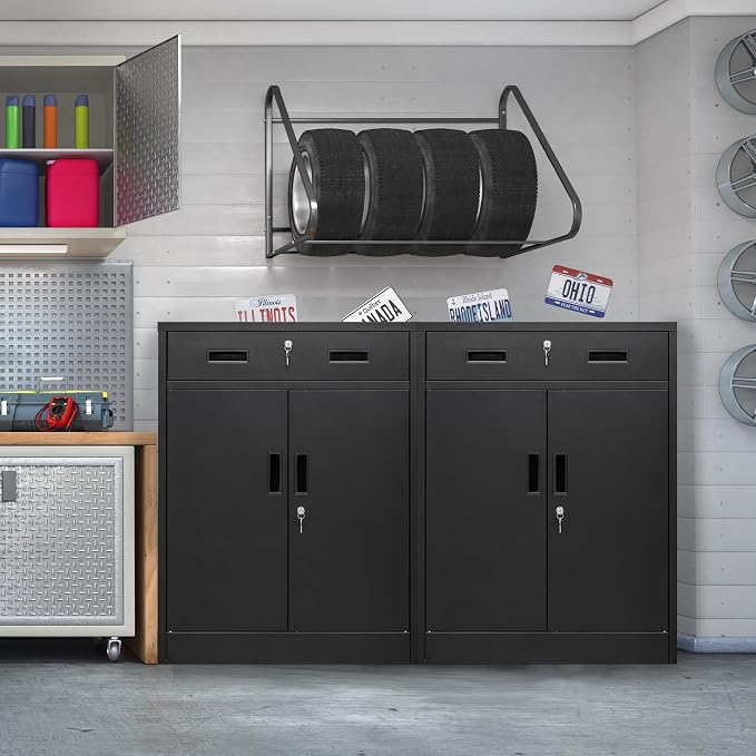 Wanfu Metal Storage Cabinet, 36" H x 28" W x 16" D Locking Cabinet with 1 Drawer and Adjustable Shelf, Metal Cabinets for Office, Garage, Home-Black