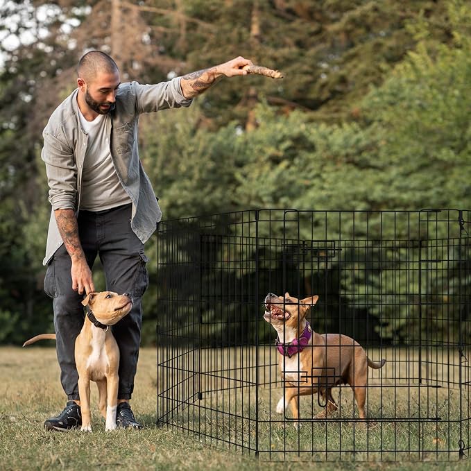 Peekaboo Dog Playpen 30 in, 8 Panel Metal Rustproof Pet Fence with Cover | 30 Inch 8 Panel Foldable Rustproof Black Metal Dog Playpen with Octagonal Waterproof Bottom Cover
