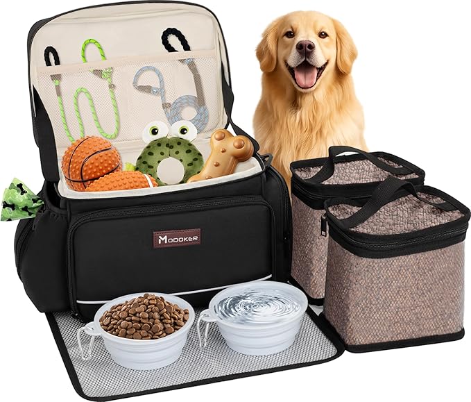 Modoker Large Dog Travel Bag Set with 2 Bowls and Food Bags, 17L Black | Large Pet Travel Organizer with 2 Food Containers, 2 Collapsible Bowls, Feeding Mat, Multiple Pockets and Adjustable Flap