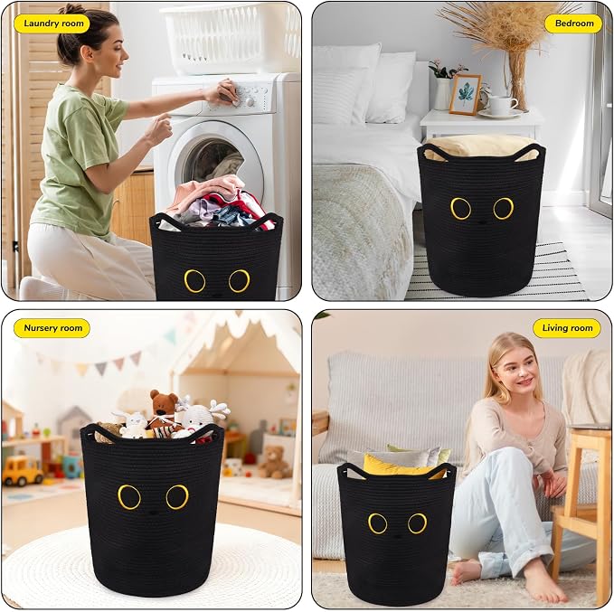 Tall Black Cat Laundry Basket for Nursery, Cute Large Woven Cotton Rope | Blanket Storage Basket , Baby 0rganize Blanket Shower Hamper Box with Handles, 53L Clothes Bins, 15"D×18.1"H