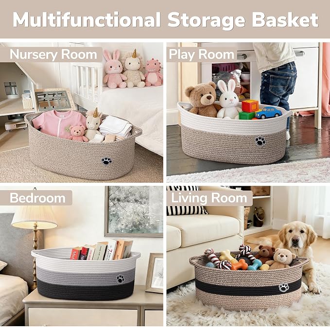 30L Large Woven Rope Dog Toy Basket with Paw Print, Brown | 19.7" x 11" x 7.9" Dog Toy Bin & Box with Handles, Storage Basket for Blankets Towels, Fits Living Room Nursery Bedroom