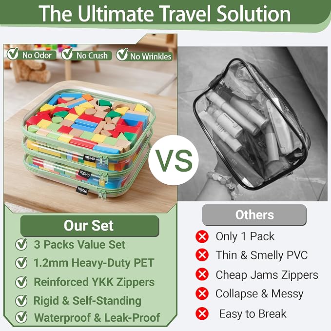 YQBRAO Clear Hard Shell Zipper Cases, 3 Large Travel Organizers, Green | Rigid 1.2 mm PET and YKK dual zippers for full-size toiletries, makeup palettes, electronics and craft supplies