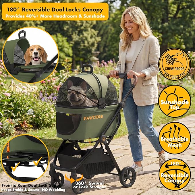 PAWZIDEA Pet Stroller 4-in-1, Foldable Cat Stroller with Detachable Carrier | Escape-Proof No-Zip Canopy, Portable Travel Crate & Car Seat Combo, for Small to Medium Dogs & Cats up 33 lbs, Storage Basket