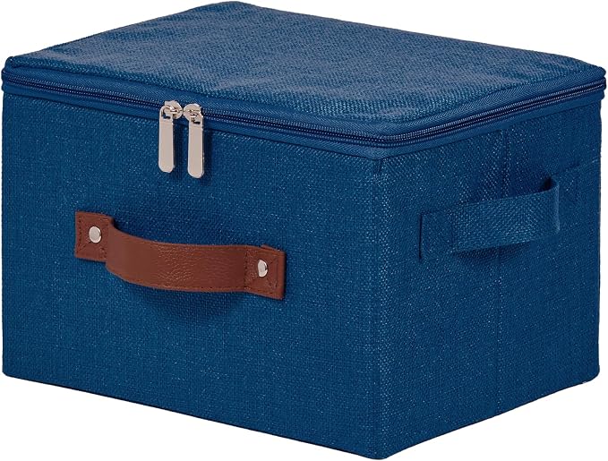 Storage Bins with Zipper Lids Decorative Lidded Baskets Boxes | Clothes Container, Closet Shelf Organizer, Foldable Washable, Cotton Linen Fabric, w/ PU Leather Handles, Deep Blue, Small