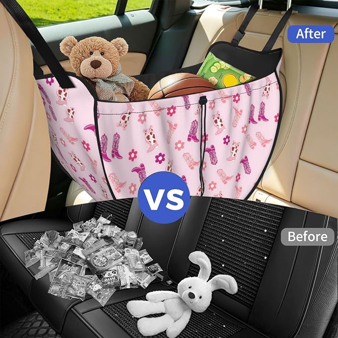 Pink Cowboy Boots Floral Car Seat Organizer Backseat Storage Bag, Large Waterproof Vehicle Organizer With Adjustable Straps For Gear Essentials, Fits Most Cars