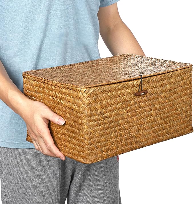 Hipiwe Wicker Shelf Baskets Bin with Lid Handwoven Storage Basket, X-Large | Rectangular Basekts Bins Natural Seagrass Household Basket Boxes for Shelf Wardrobe Home Organizer, Caramel