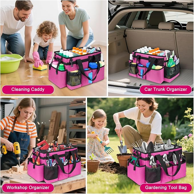 Cleaning Caddy Bag, Large Cleaning Bag for Housekeepers, Rose Pink | Cleaning Caddy Organizer for Cleaning Supplies with Handle and Adjustable Shouder Strap, Easy to Clean & Heavy Duty Design