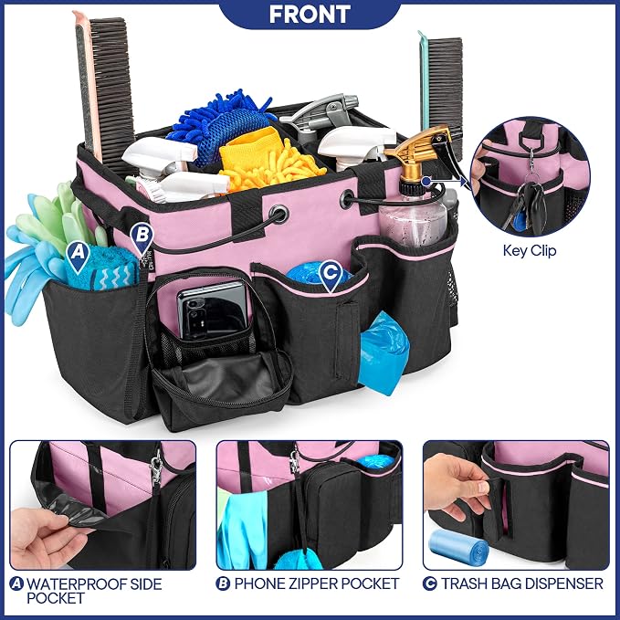 LoDrid Large Professional Cleaning Caddy with Detachable Divider, Pink | Cleaning Supply Organizer with Handle and Shoulder Strap for Housekeepers & Cleaners