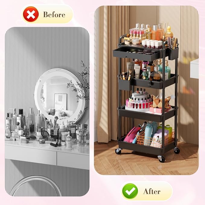 SUNALLY Makeup Cart Organizer with Drawer,4 Tier Rolling Makeup Cart, Black | Rolling Vanity Storage for Skin Care Perfume Nail Polish, Floor Skincare Organizers Cosmetics Display Bathroom Storage Cart