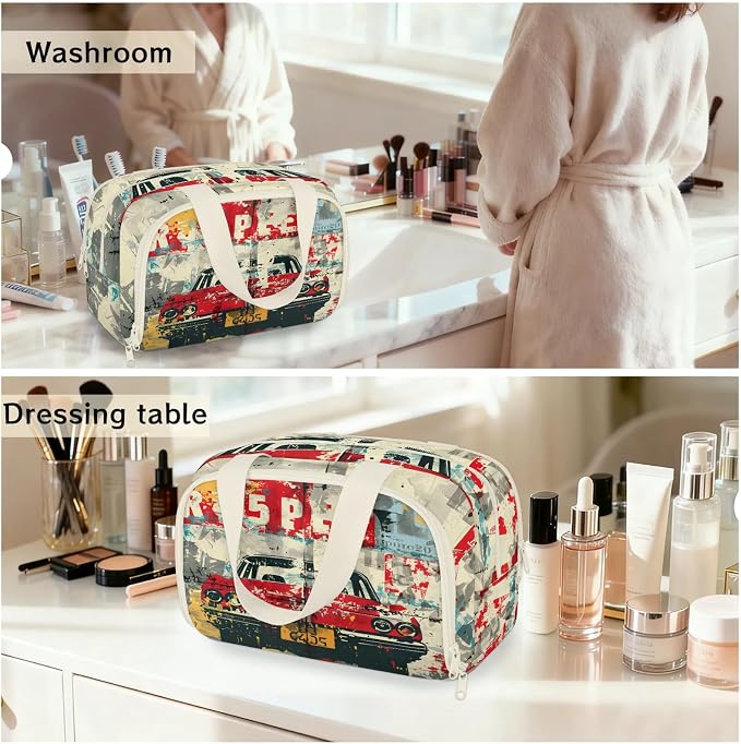 Old Red Truck Car Travel Toiletry Bag with Handle | Wet & Dry Separation, Full-Size Bottle Friendly, Leak-Proof, Waterproof, Easy to Clean, for Travel, Gym, Home