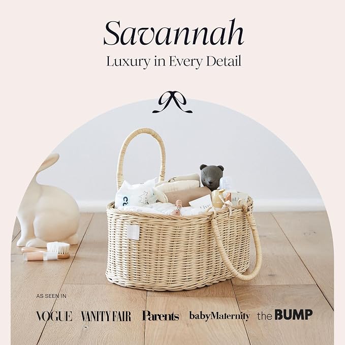 BEBE BASK Premium Baby Diaper Caddy Organizer Basket with Cotton Divider | Handmade & Award-Winning, Rattan Diaper Basket, Newborn Essentials, Nursery Basket, Removable Divider, Baby Shower (SAVANNAH)