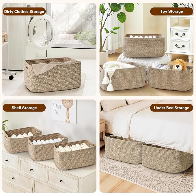 3 Pack Large Storage Basket for Organizing, 17.5"x13"x7" Woven Basket for Shelves, Closet Cube Storage Bins with Wrapped Handle, Cotton Rope Baskets for Kitchen, Clothes, Toys(Natural))