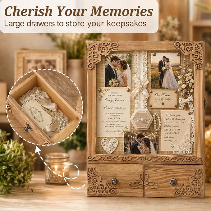 11x16 Shadow Box Frame with Light, Wedding Memorial Display Case with Shelves, Drawer and Slot for Keepsakes Large Deep Shadow Box for Flowers,Wedding Gift, Rustic Wood