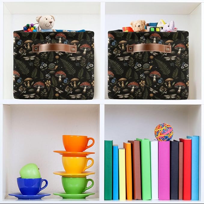 Mushroom Botanical Storage Basket Fabric Kitchen Baskets Dragonfly Berry Flowers Fern Open Home Storage Bins Boxes Foldable Organizer Bag for Baby Cloth Pet Toy Book Shelf Closet Baskets 16×12×8 IN