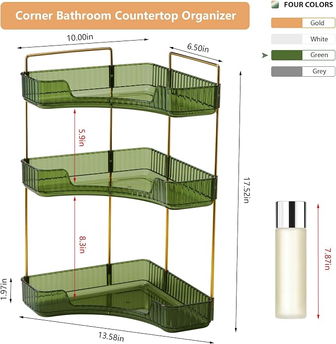 Corner Bathroom Counter Organizer Bathroom Countertop Shelf Makeup Organizer for Vanity Perfume Tray for Corner Storage (3 Tiers, Green)