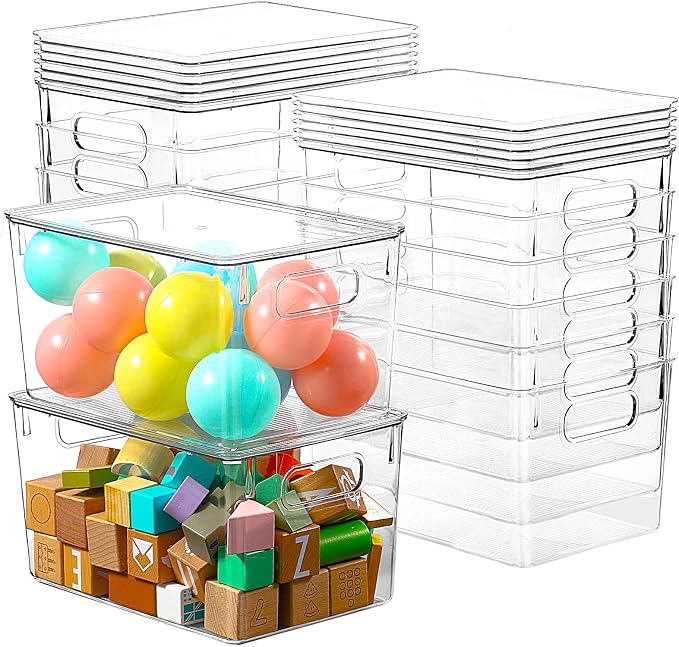 Freebat 12 Pack Clear Storage Bins with Lids, 7 Quart Pantry Organizer Bins | Large, Stackable Plastic Storage Containers, Pantry Organization for Office, Bedroom, Cabinet, Fridge,Kitchen Organization