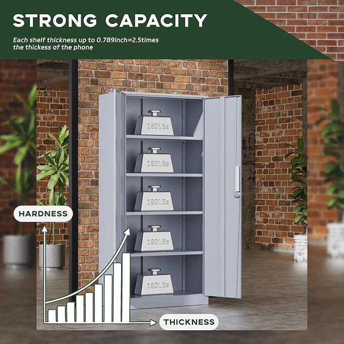 Greenvelly Metal Storage Cabinet,72" Locking Metal Garage Storage Cabinet with Doors and 4 Adjustable Shelves, Lockable Steel Cabinet for Home Office, Garage, Shop, School (Dark Grey 32" W x 16" D)