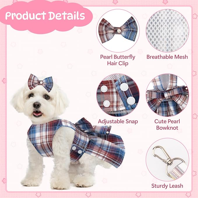 Coppthinktu Plaid Dog Dresses for Small Dogs Girl Bowknot Harness Leash Set