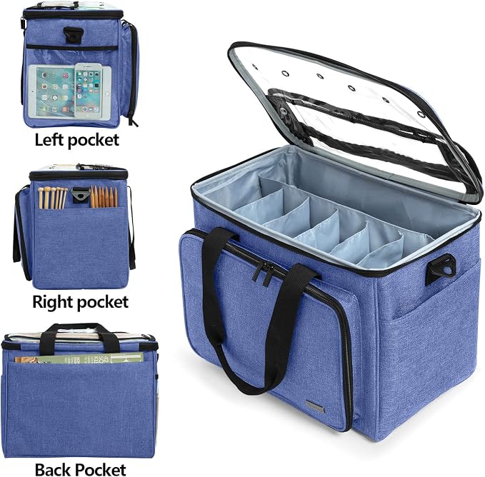 Teamoy Knitting Bag, Yarn Storage Organizer Crochet Bag Tote, Dark Blue | Yarn Holder with Inner Divider(Sewn to Bottom) for Crochet Hook, Knitting Needles(Up to 14"), Project and Crocheting Supplies