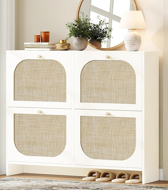 Freestanding Ultra Slim Arched Rattan Accent Shoe Storage Cabinet for Entryway - 4 Flip Drawers & 3-Tier Adjustable Shelves, Farmhouse Modern Rustic Shoe Rack for Hallway Foyer,Cloud White