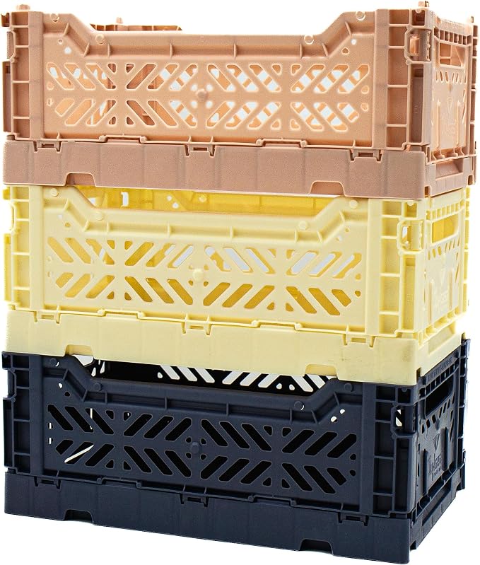 Collapsible Storage Box, Foldable Crate Organizer Bin with Handle, Stackable Crates for Home Organization (Cream-Navy-MilkTea, 4L -3-Pack)