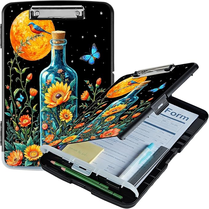 A4 Clipboard with Storage Pen Holder, Clipboards Organizer Nursing Clipboard Foldable File Folder Plastic Clipboard Folio Clip Board for Office Classroom Doctor, Drift Bottle Flowers Birds