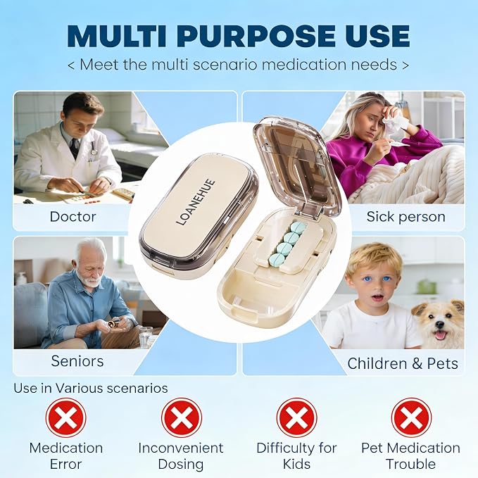 Precision Pill Cutter for Small and Tiny Pills, Sharp Blade with Storage Compartment, Travel-Friendly 1/2 Pill Splitter for Home/On-The-Go, White