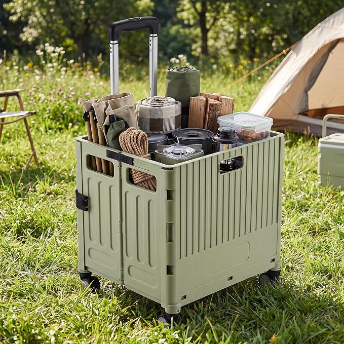 Foldable Rolling Storage Crate with Lid, Telescopic Handle & 4 Wheels, Portable Camping Shopping Box