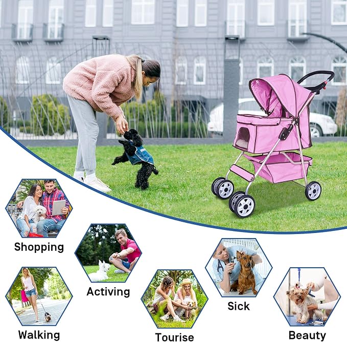 Best 4 Wheels Pet Stroller for Dog and Cat Stroller, Lightweight and Foldable Carrier Strolling Cart W/Cup Holders Removable Liner for Small and Medium Dog Cat or Pet - Pink