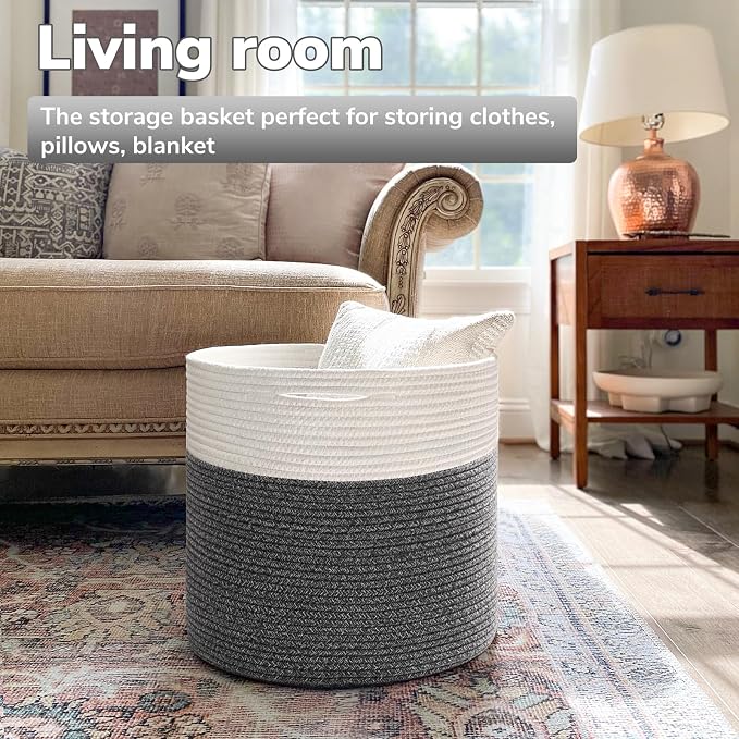 Goodpick Woven Blanket Basket Living Room, Toy Bin for Playroom, 45L | 15.8 x 15.8 x 13.8 In Storage Basket for Toys Shoes, Cute Baby Laundry Hamper for Towels, Clothes, Gray